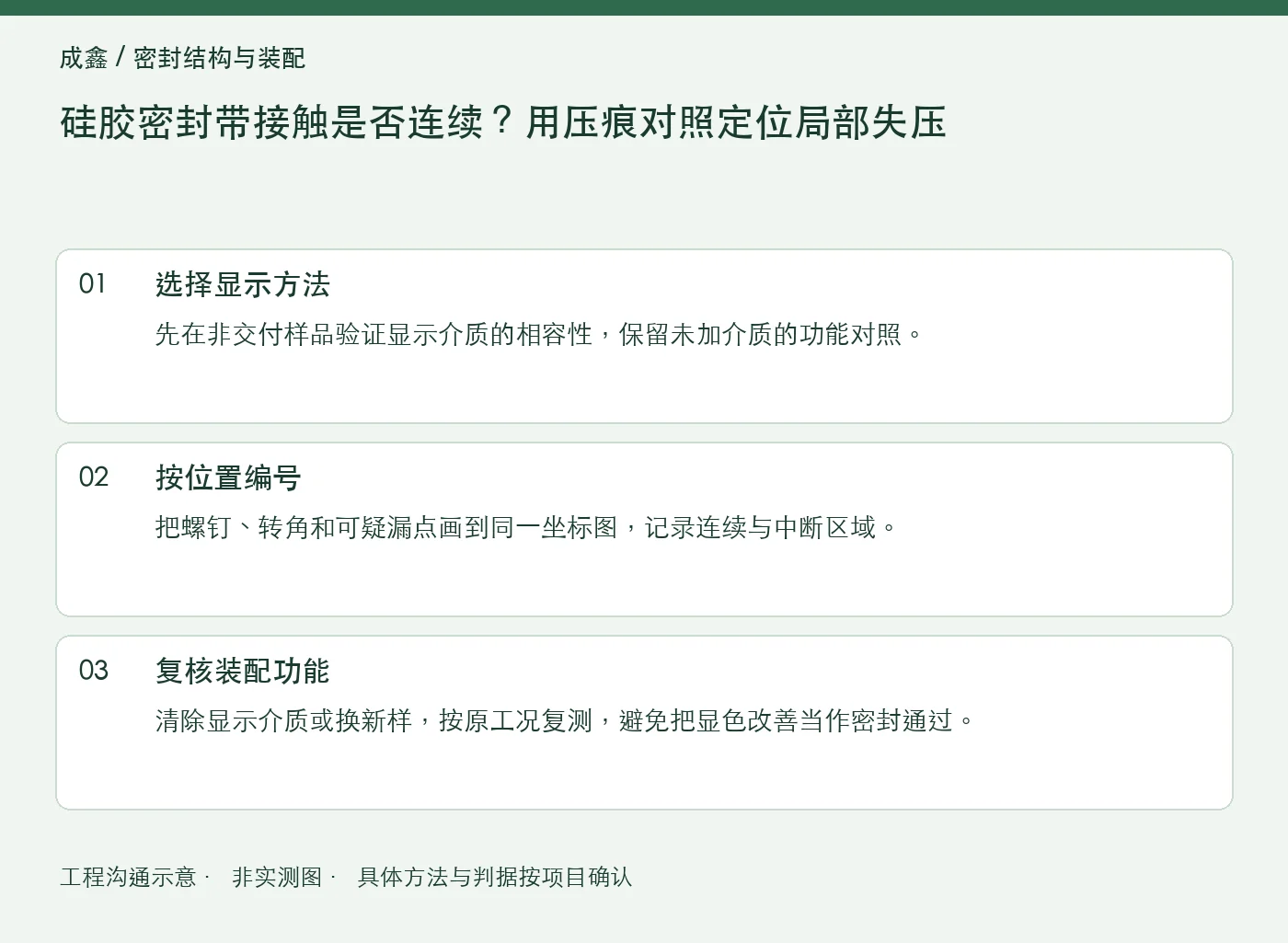 硅胶密封带接触是否连续？用压痕对照定位局部失压：工程核对示意