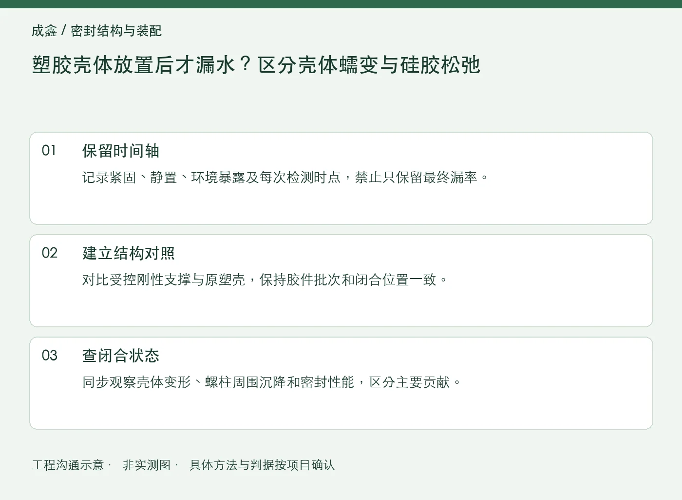 塑胶壳体放置后才漏水？区分壳体蠕变与硅胶松弛：工程核对示意