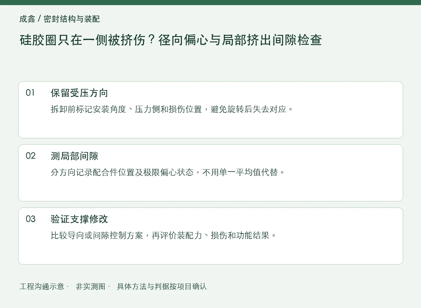 硅胶圈只在一侧被挤伤？径向偏心与局部挤出间隙检查：工程核对示意