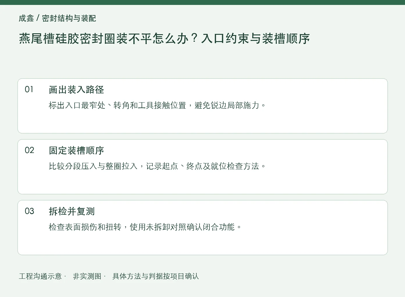 燕尾槽硅胶密封圈装不平怎么办？入口约束与装槽顺序：工程核对示意