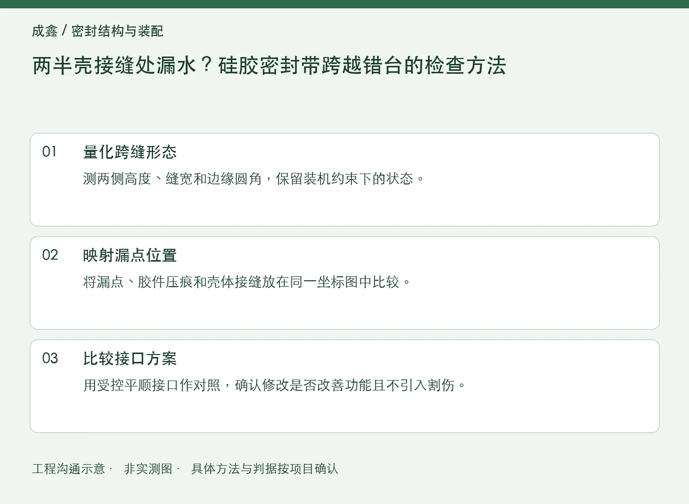 两半壳接缝处漏水？硅胶密封带跨越错台的检查方法：工程核对示意
