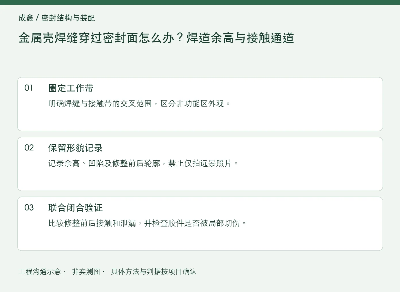 金属壳焊缝穿过密封面怎么办？焊道余高与接触通道：工程核对示意