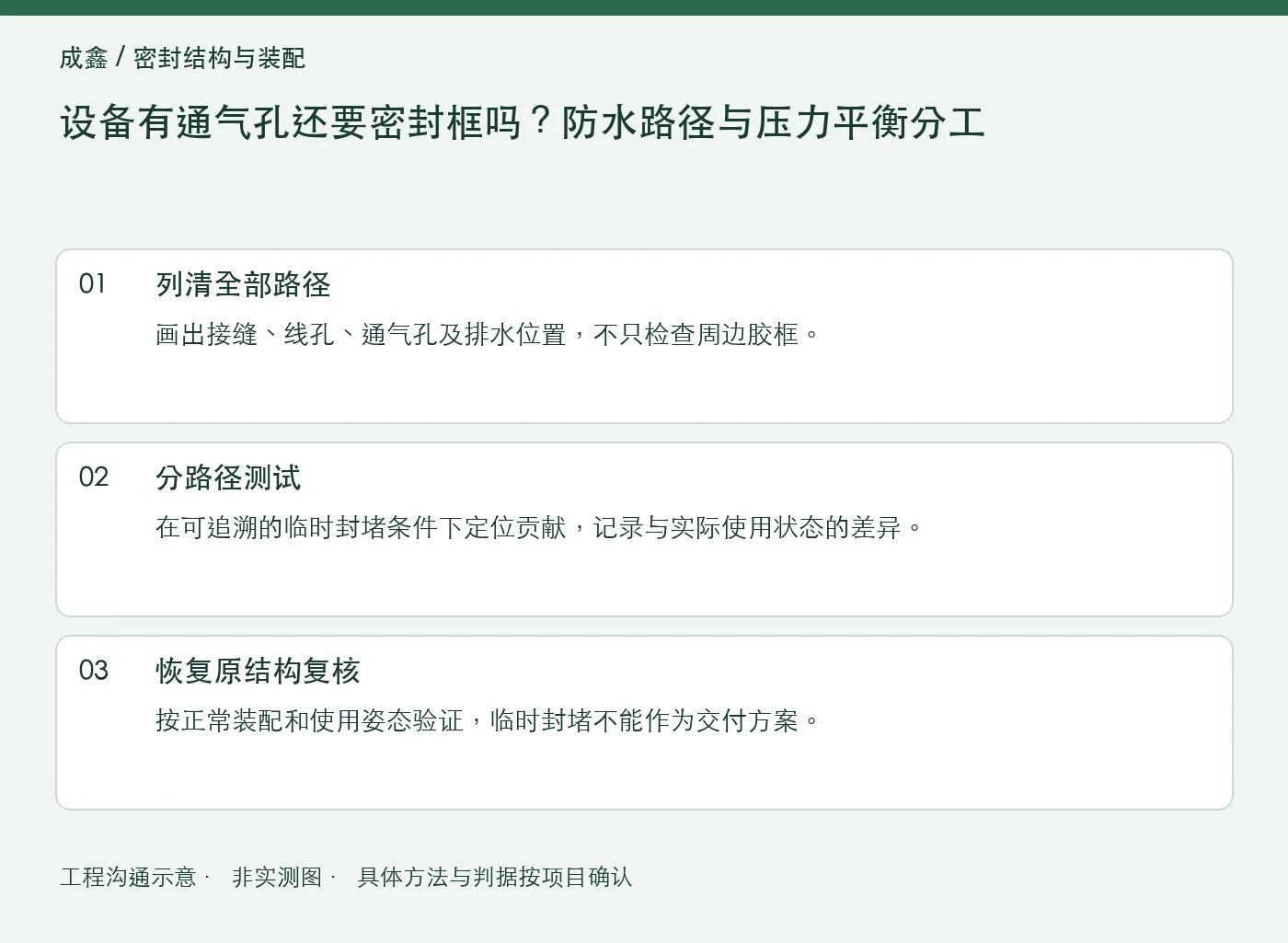 设备有通气孔还要密封框吗？防水路径与压力平衡分工：工程核对示意