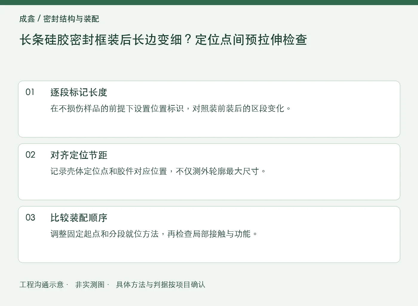长条硅胶密封框装后长边变细？定位点间预拉伸检查：工程核对示意