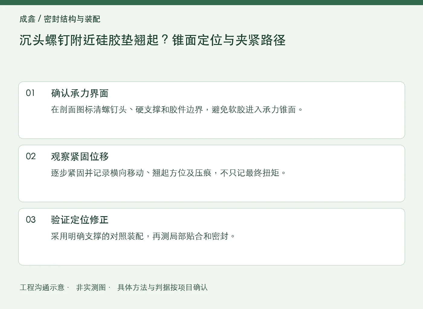 沉头螺钉附近硅胶垫翘起？锥面定位与夹紧路径：工程核对示意