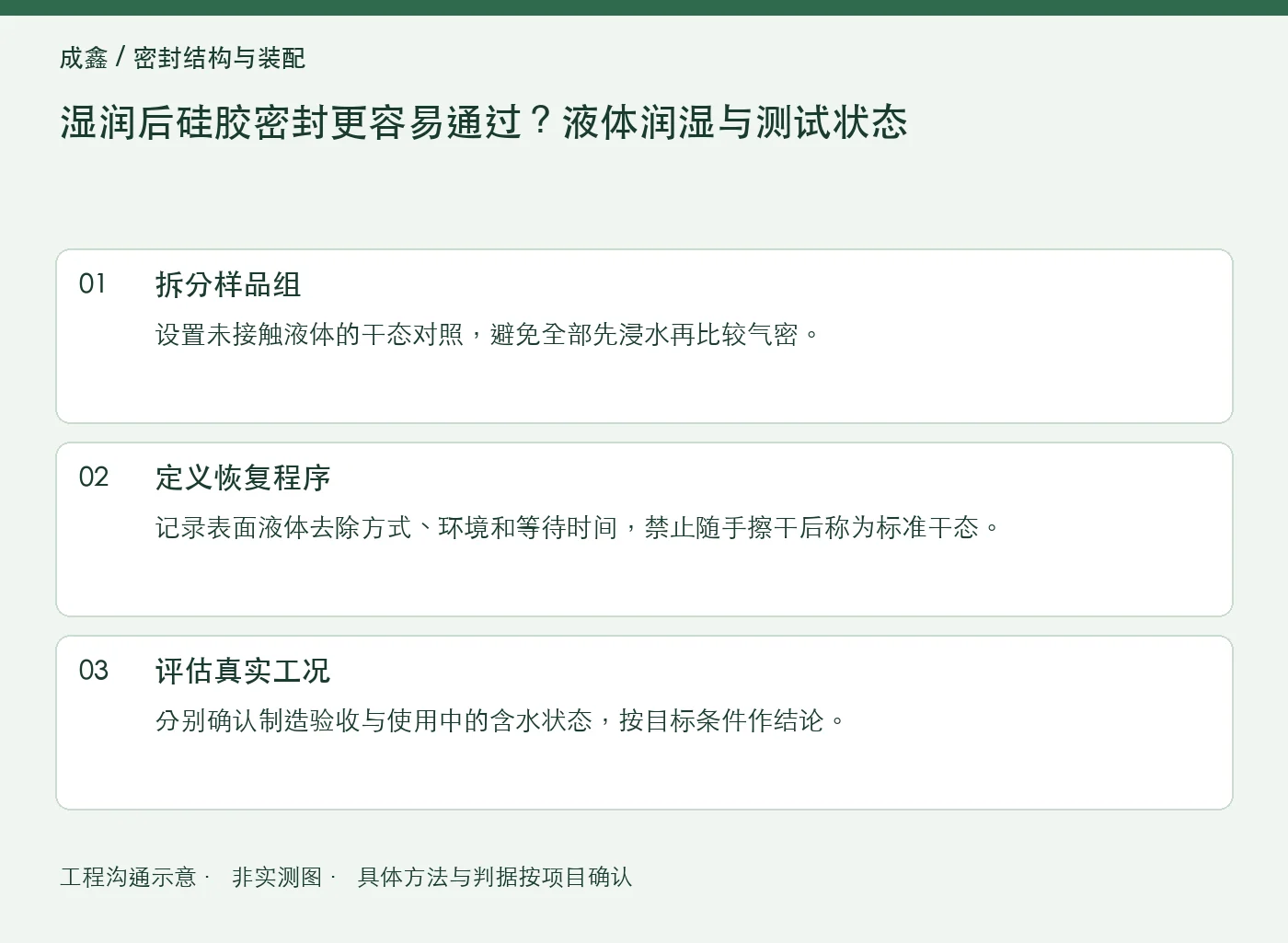 湿润后硅胶密封更容易通过？液体润湿与测试状态：工程核对示意