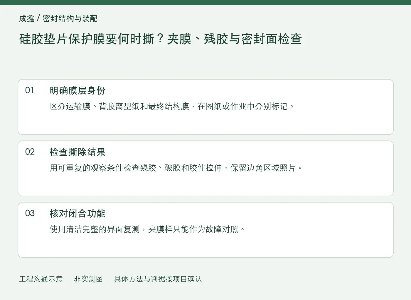 硅胶垫片保护膜要何时撕？夹膜、残胶与密封面检查：工程核对示意