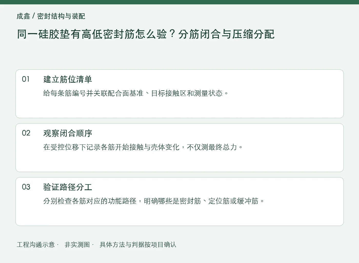 同一硅胶垫有高低密封筋怎么验？分筋闭合与压缩分配：工程核对示意