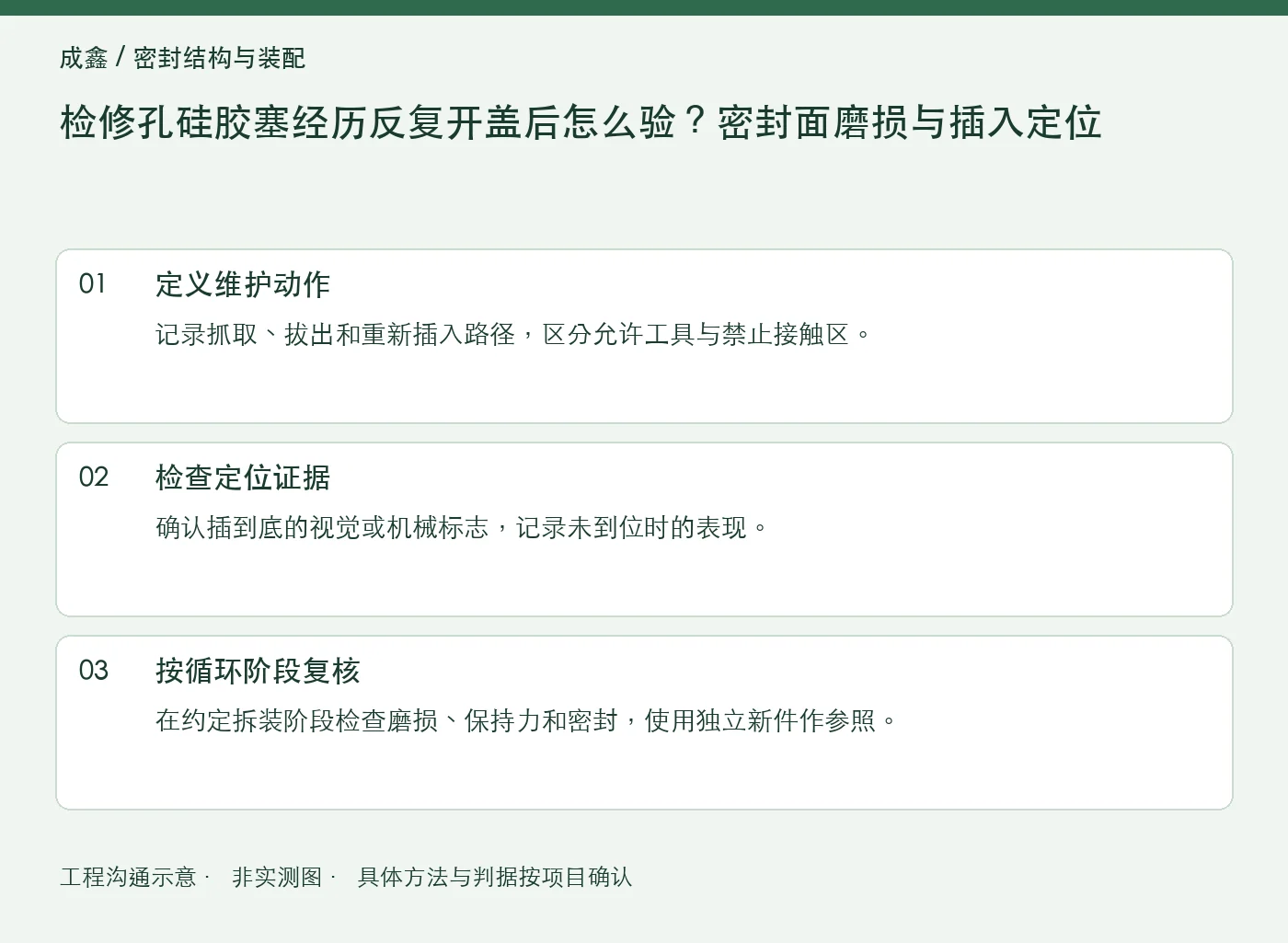 检修孔硅胶塞经历反复开盖后怎么验？密封面磨损与插入定位：工程核对示意