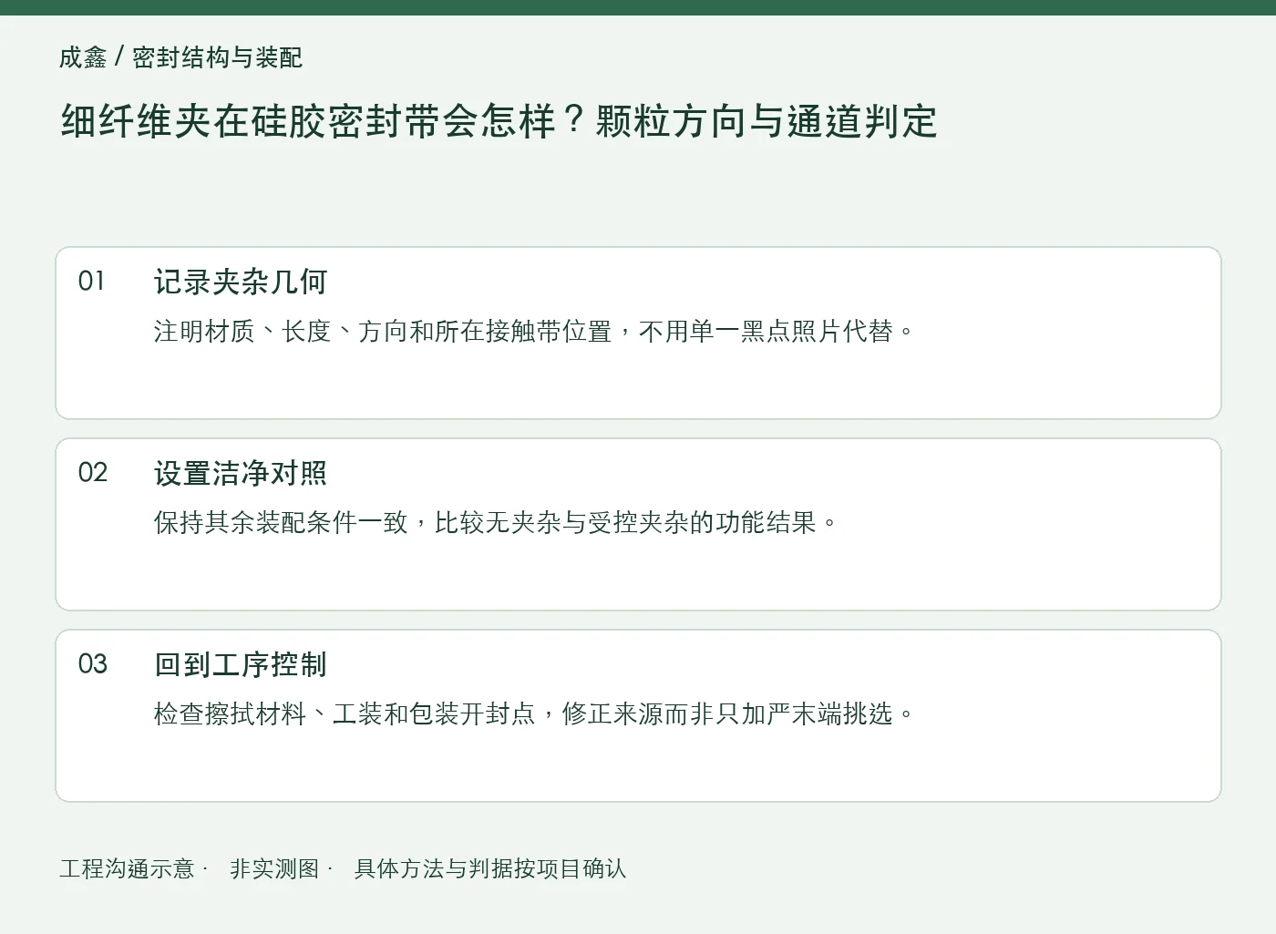 细纤维夹在硅胶密封带会怎样？颗粒方向与通道判定：工程核对示意