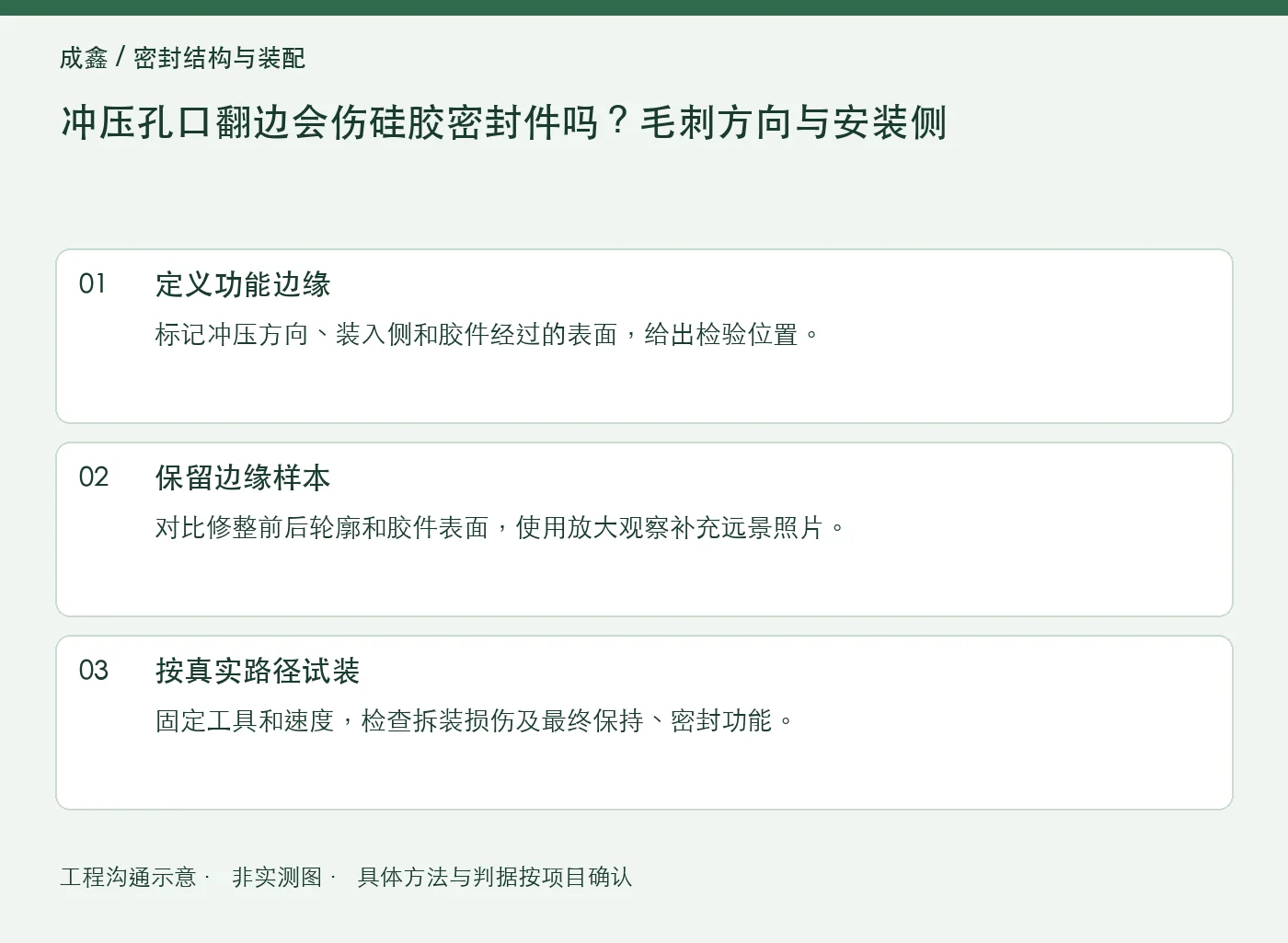 冲压孔口翻边会伤硅胶密封件吗？毛刺方向与安装侧：工程核对示意