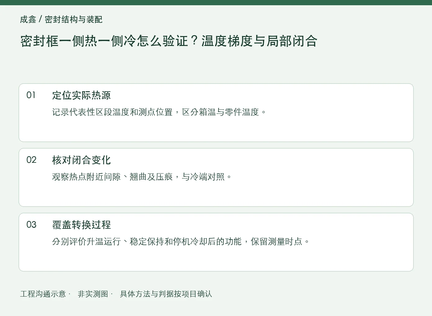 密封框一侧热一侧冷怎么验证？温度梯度与局部闭合：工程核对示意