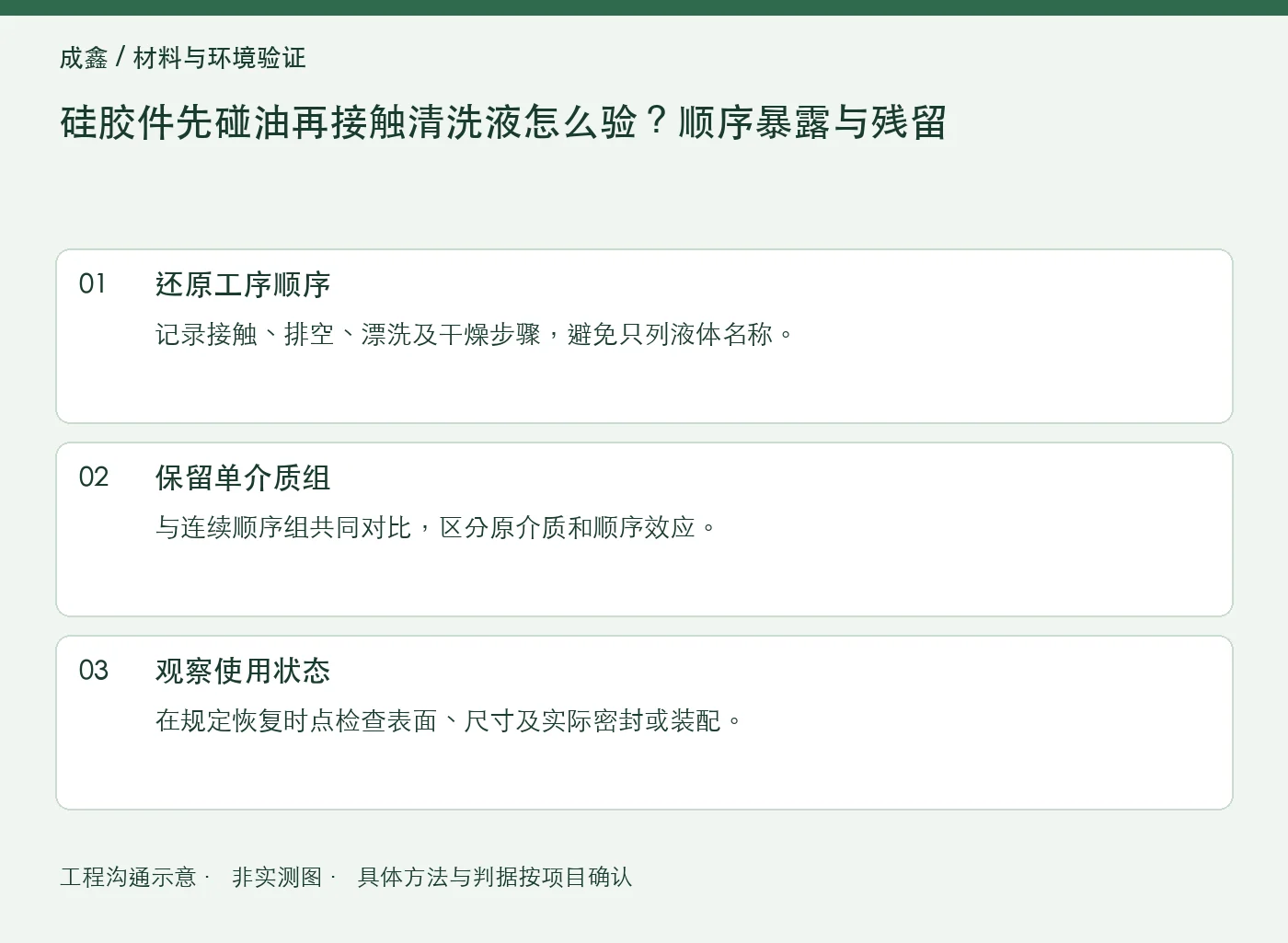 硅胶件先碰油再接触清洗液怎么验？顺序暴露与残留：工程核对示意