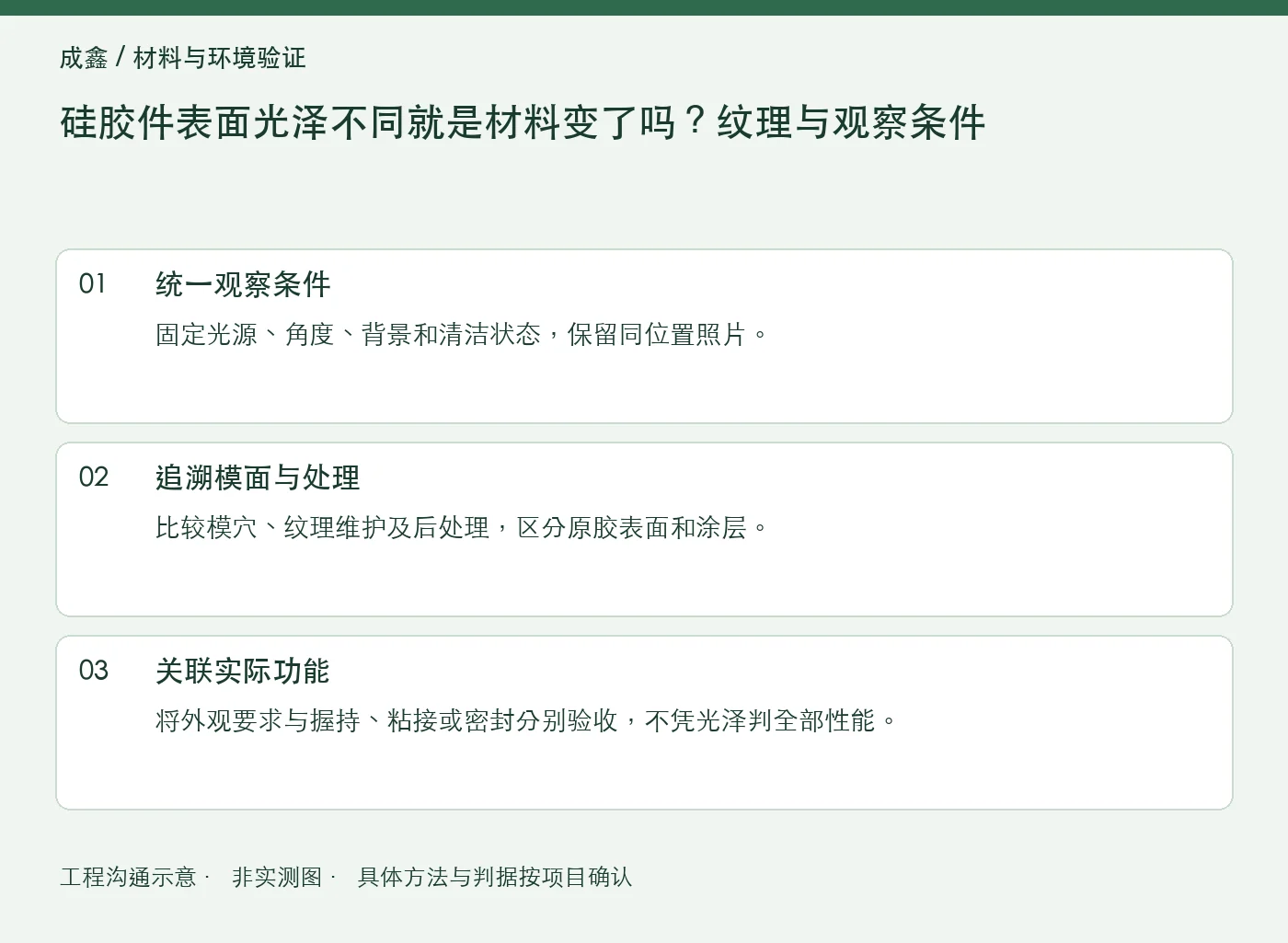 硅胶件表面光泽不同就是材料变了吗？纹理与观察条件：工程核对示意