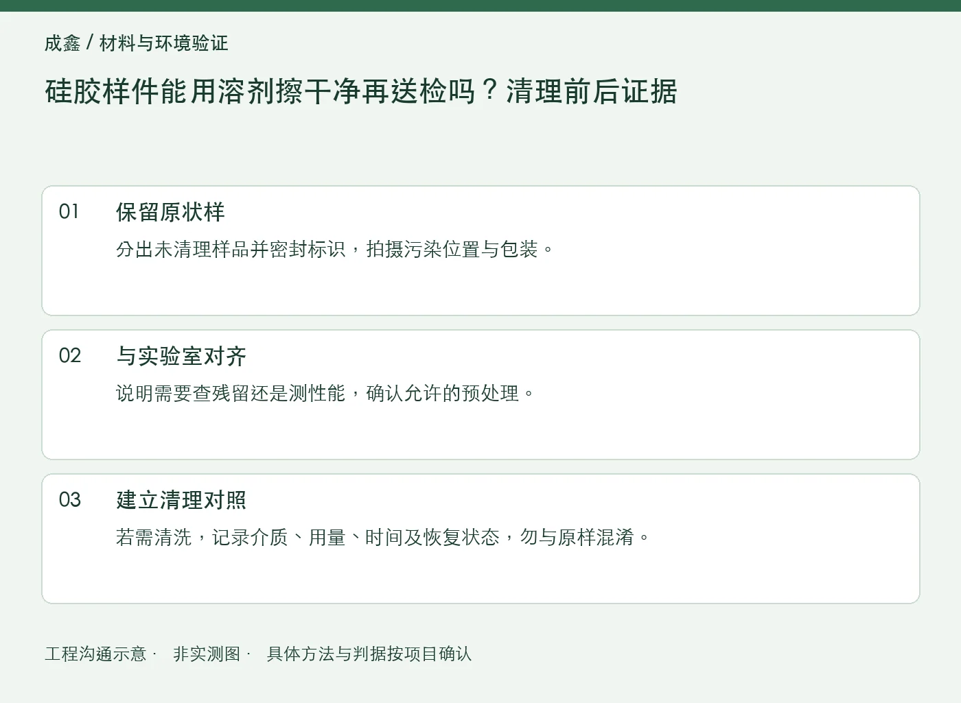 硅胶样件能用溶剂擦干净再送检吗？清理前后证据：工程核对示意