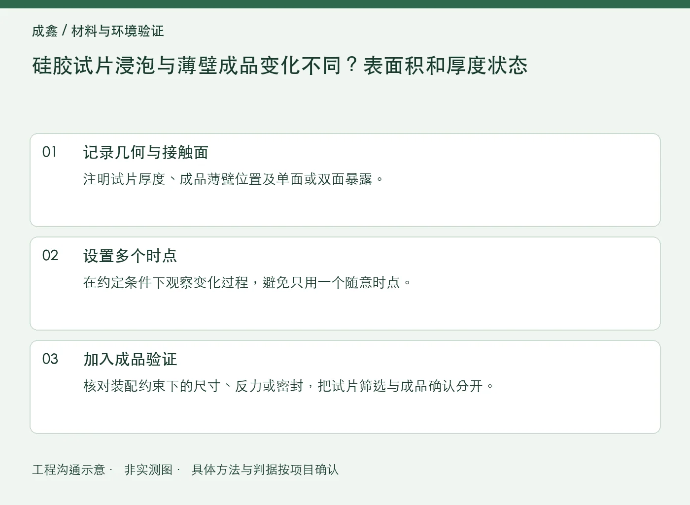 硅胶试片浸泡与薄壁成品变化不同？表面积和厚度状态：工程核对示意