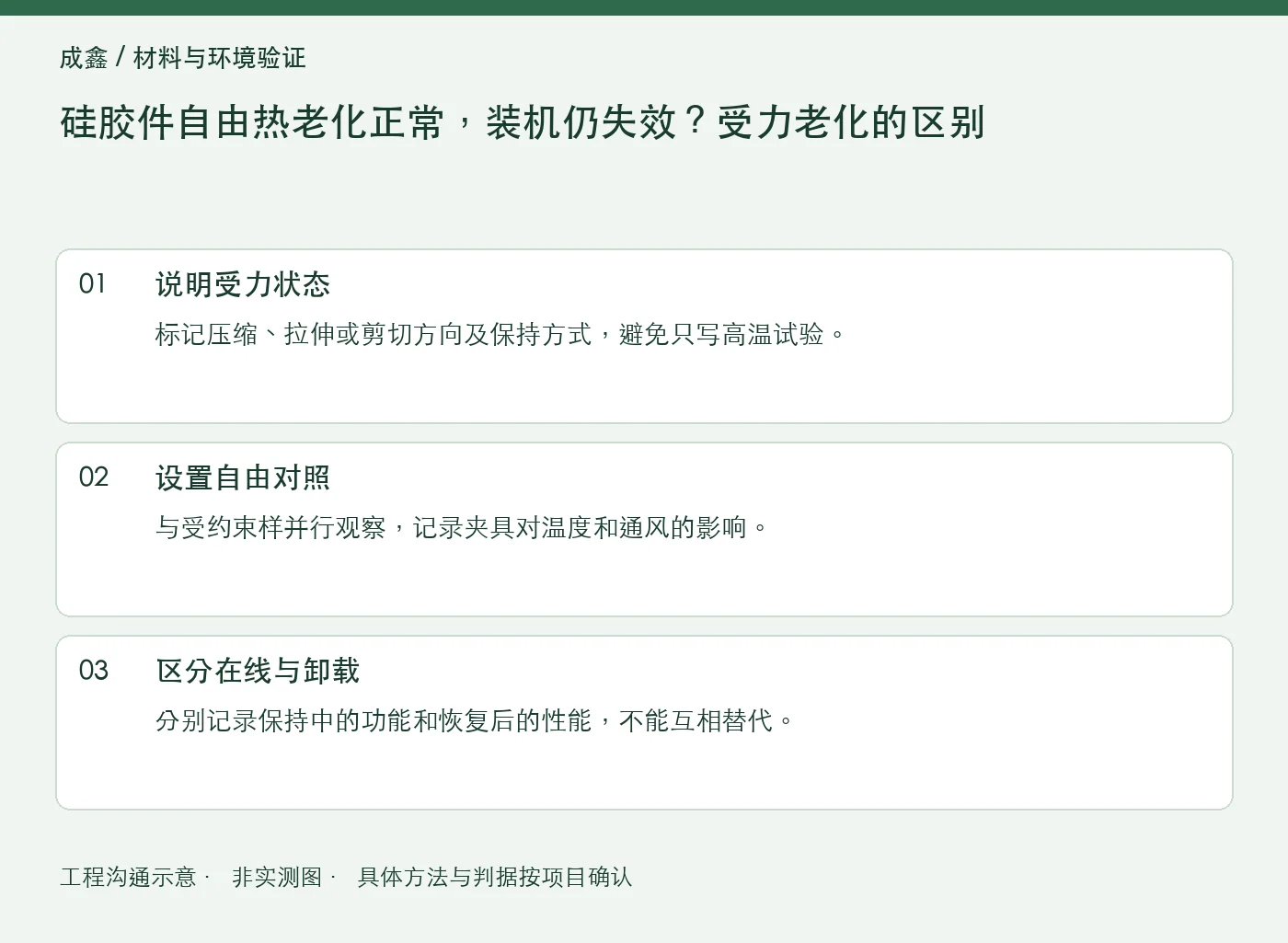 硅胶件自由热老化正常，装机仍失效？受力老化的区别：工程核对示意