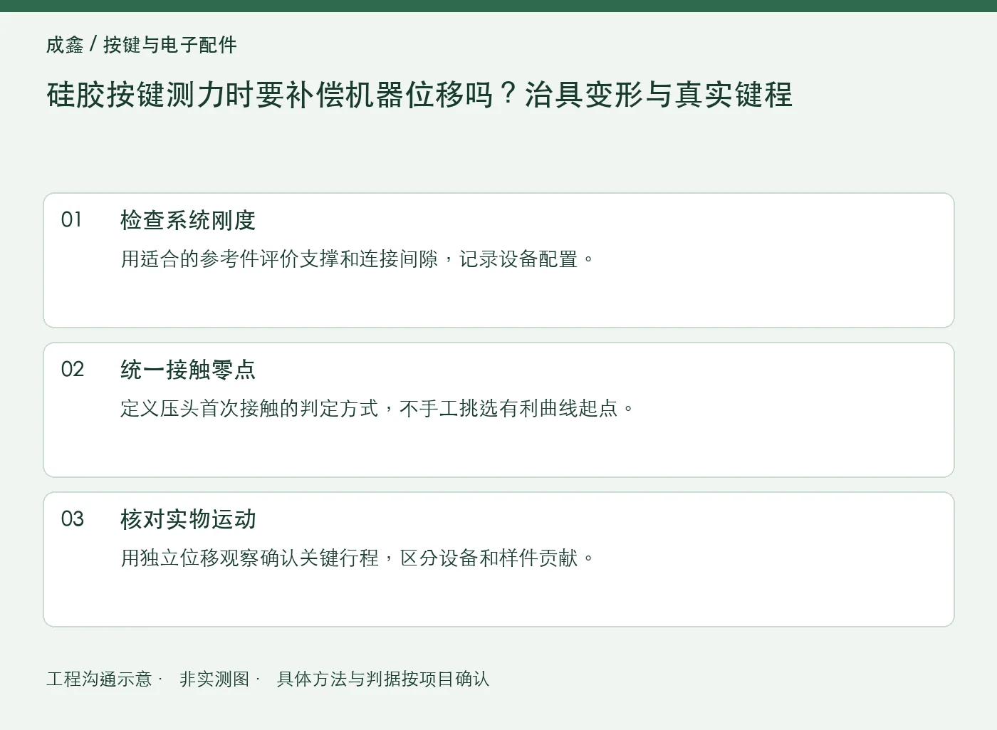 硅胶按键测力时要补偿机器位移吗？治具变形与真实键程：工程核对示意