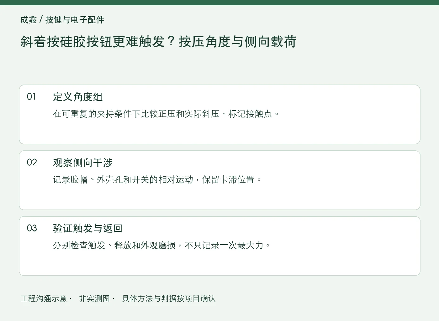 斜着按硅胶按钮更难触发？按压角度与侧向载荷：工程核对示意