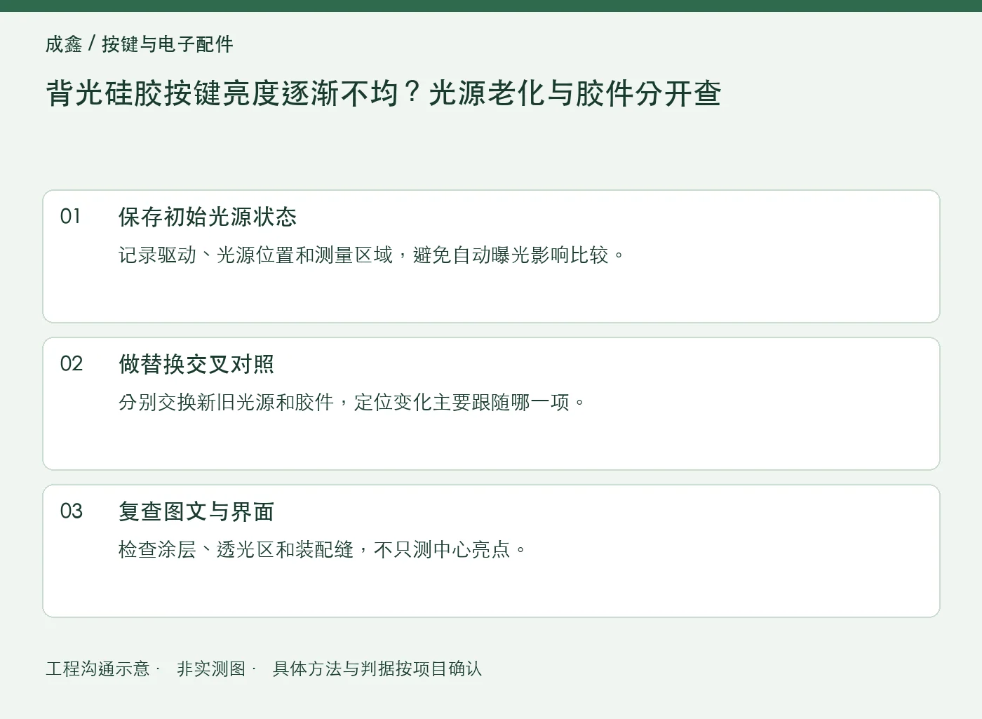 背光硅胶按键亮度逐渐不均？光源老化与胶件分开查：工程核对示意