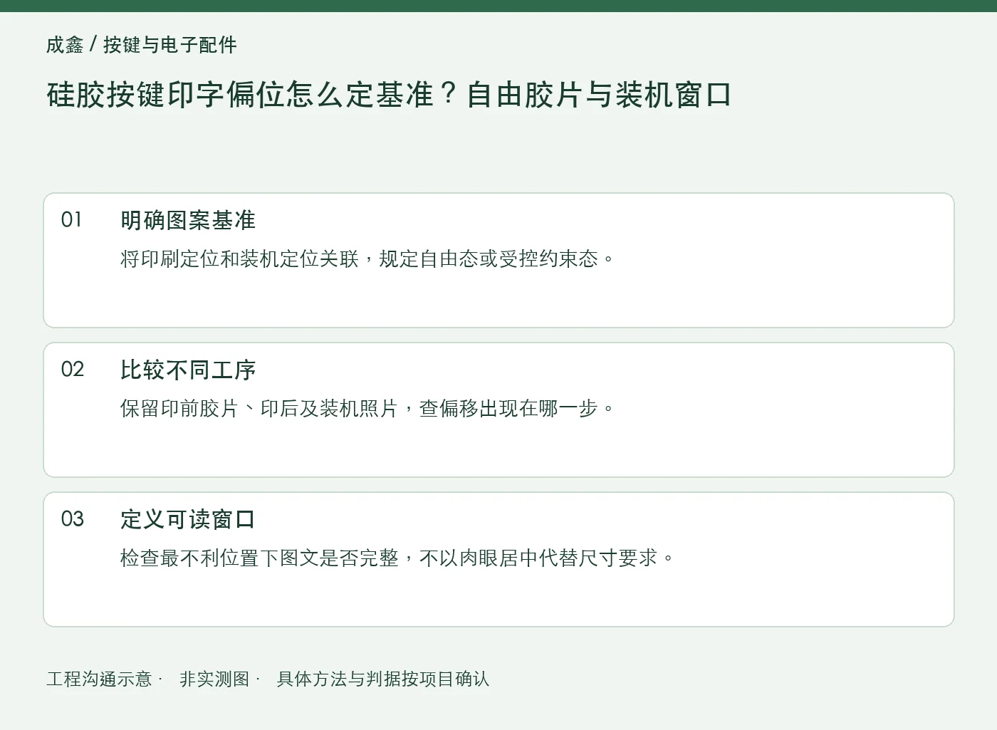 硅胶按键印字偏位怎么定基准？自由胶片与装机窗口：工程核对示意