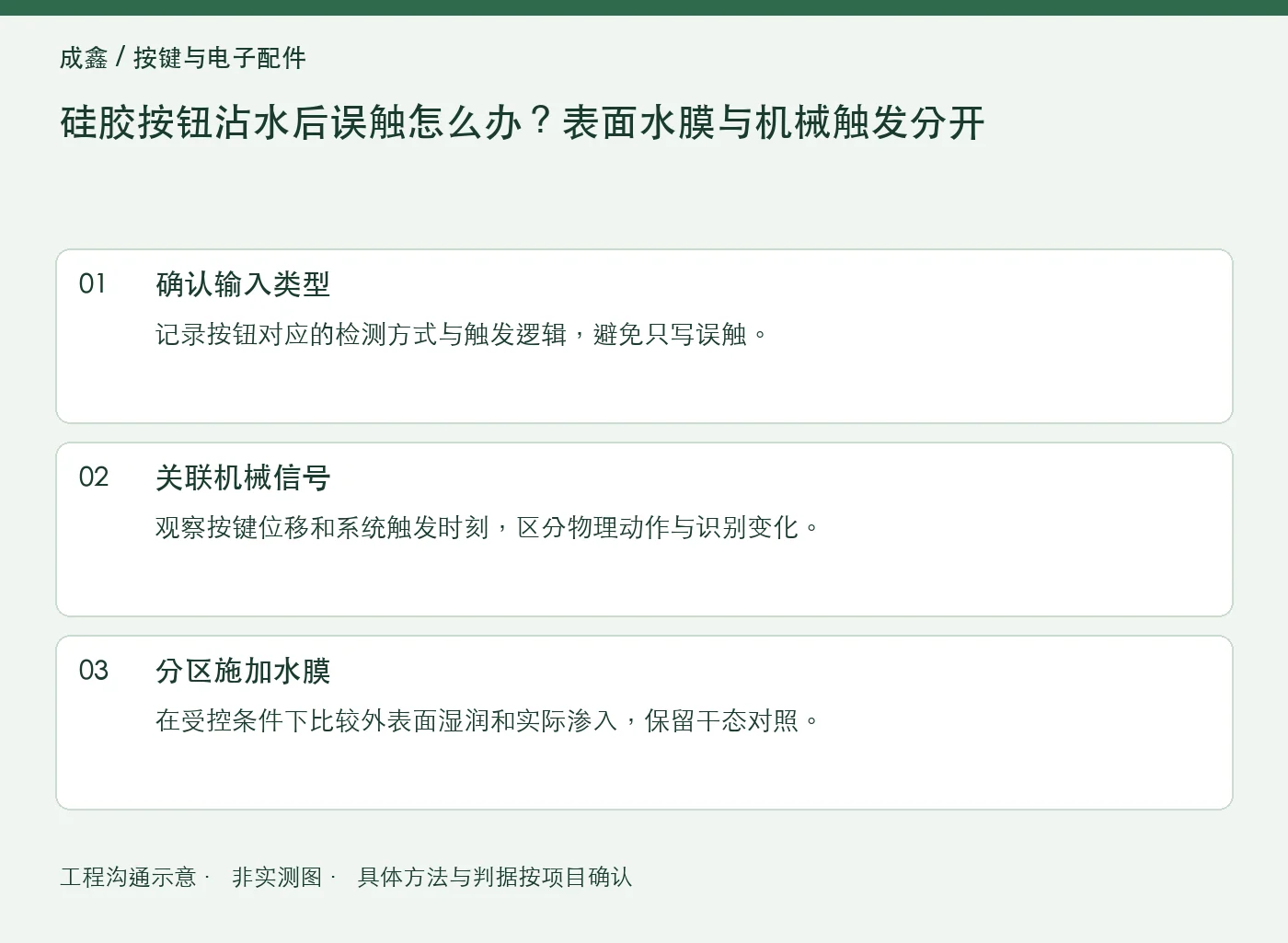 硅胶按钮沾水后误触怎么办？表面水膜与机械触发分开：工程核对示意
