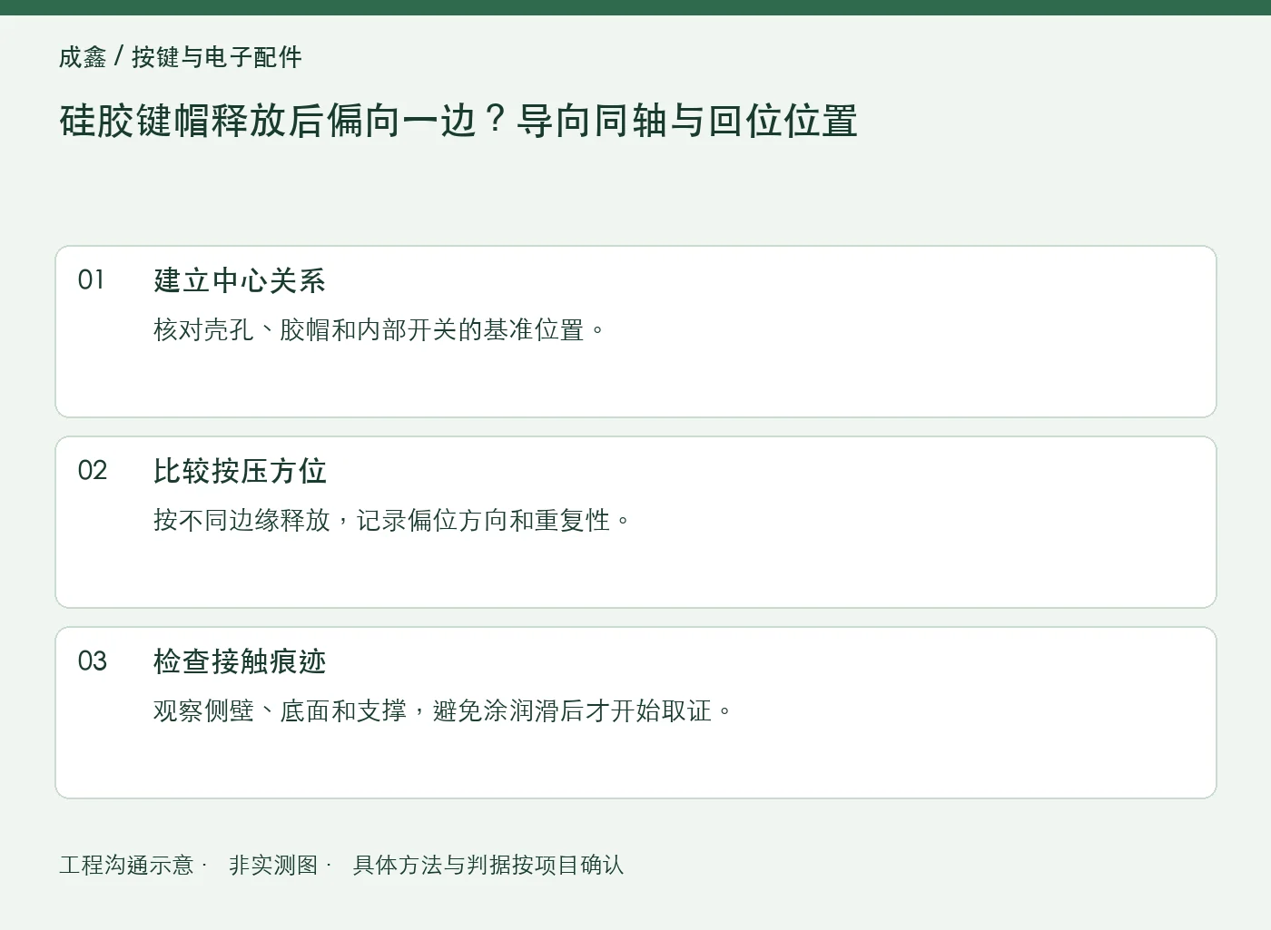 硅胶键帽释放后偏向一边？导向同轴与回位位置：工程核对示意
