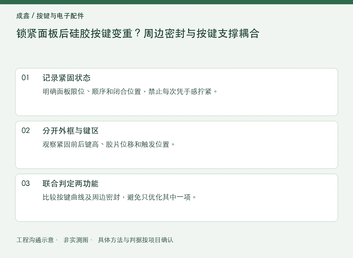 锁紧面板后硅胶按键变重？周边密封与按键支撑耦合：工程核对示意