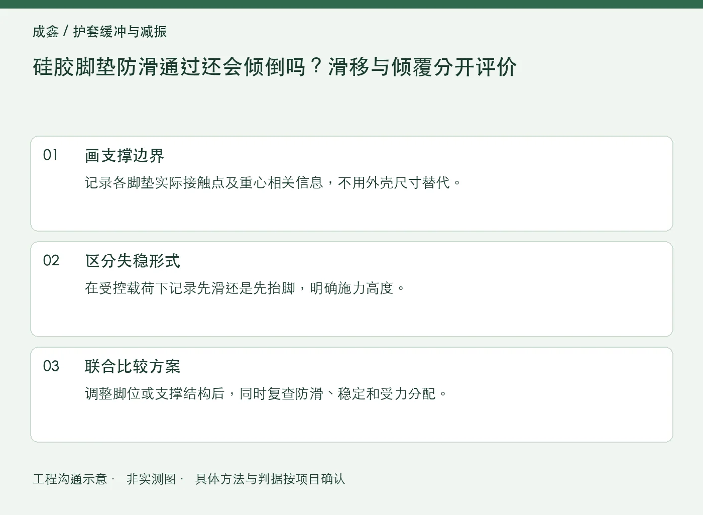 硅胶脚垫防滑通过还会倾倒吗？滑移与倾覆分开评价：工程核对示意