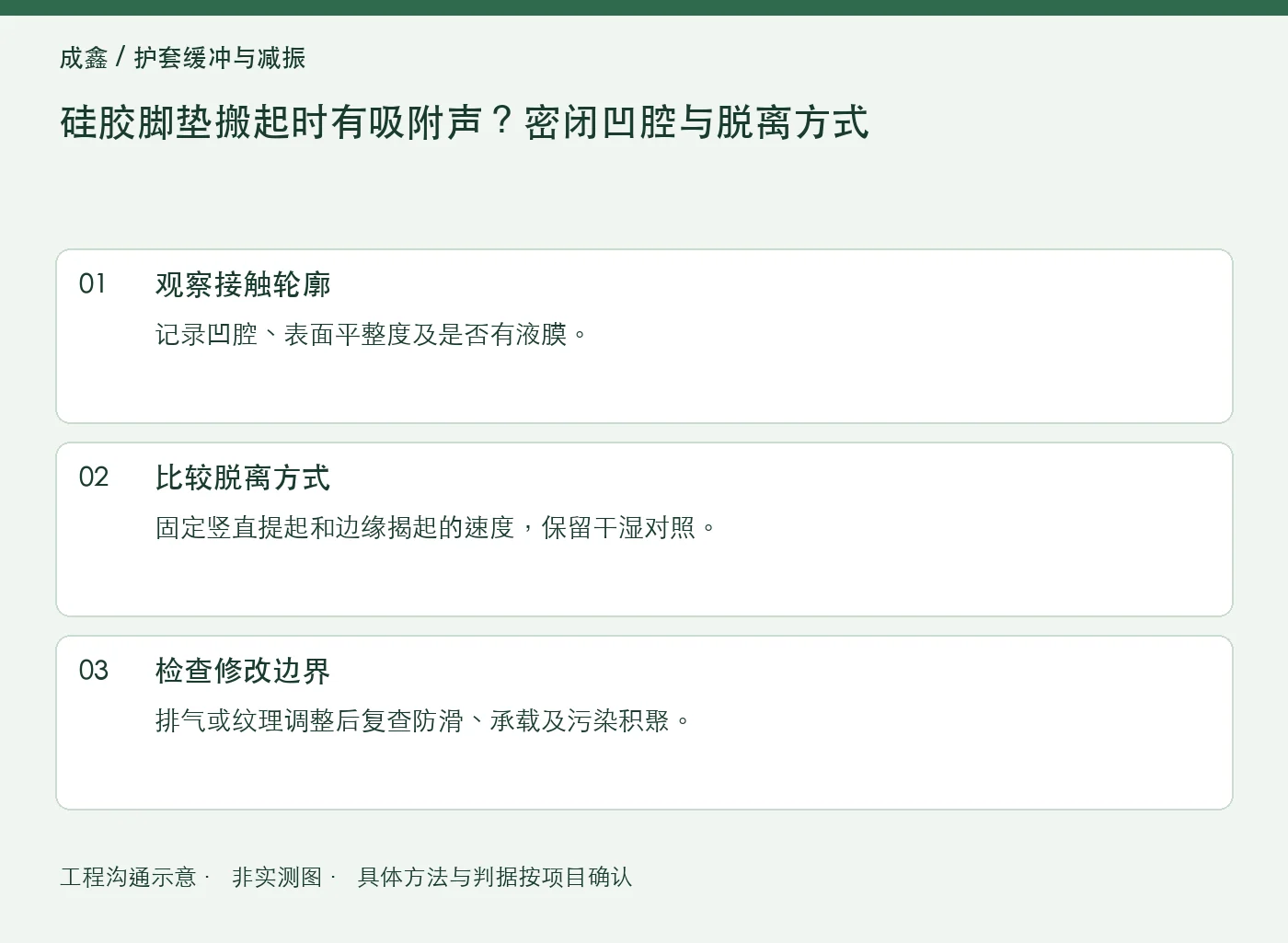 硅胶脚垫搬起时有吸附声？密闭凹腔与脱离方式：工程核对示意