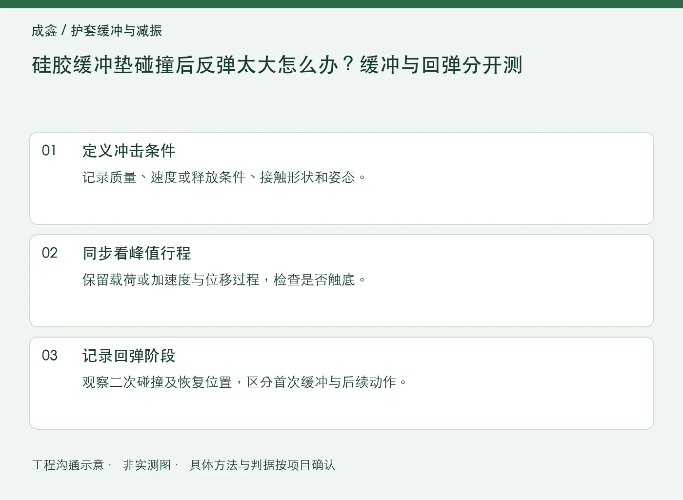 硅胶缓冲垫碰撞后反弹太大怎么办？缓冲与回弹分开测：工程核对示意