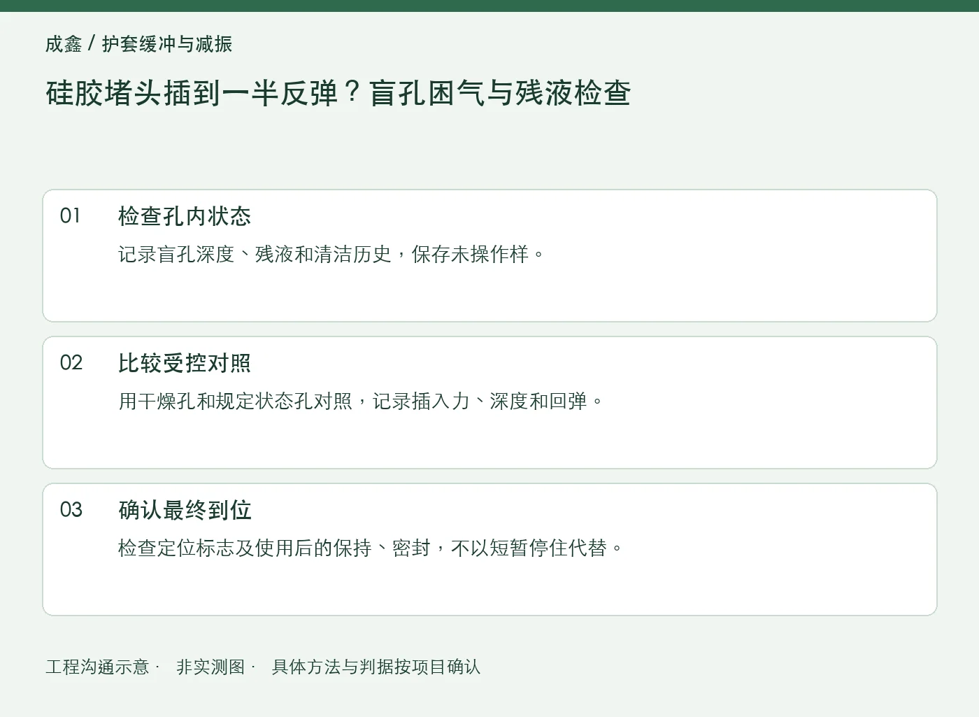 硅胶堵头插到一半反弹？盲孔困气与残液检查：工程核对示意
