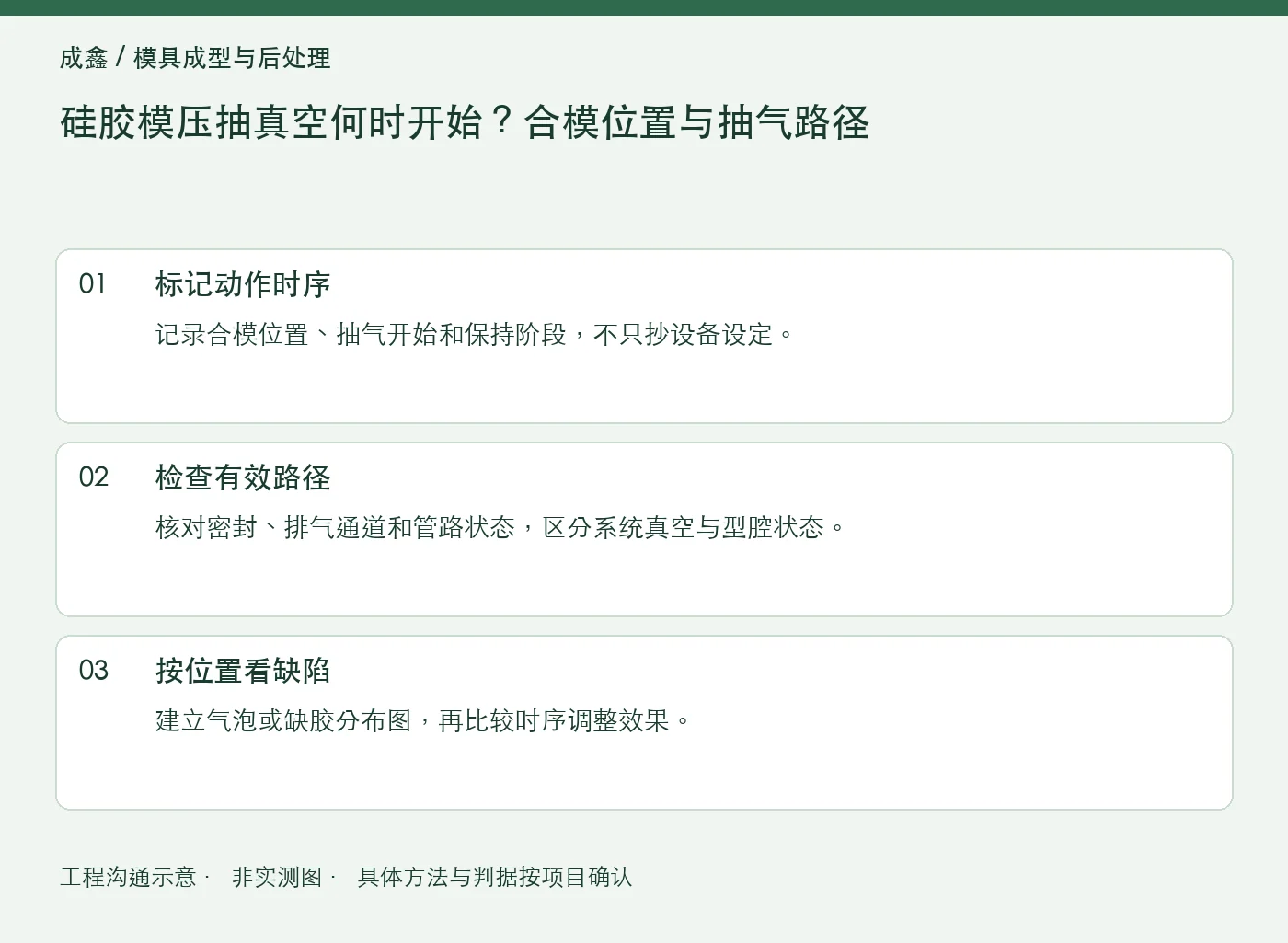 硅胶模压抽真空何时开始？合模位置与抽气路径：工程核对示意