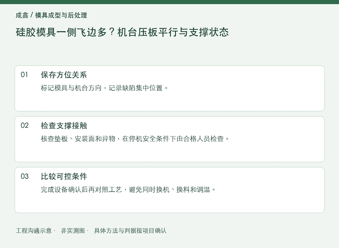 硅胶模具一侧飞边多？机台压板平行与支撑状态：工程核对示意