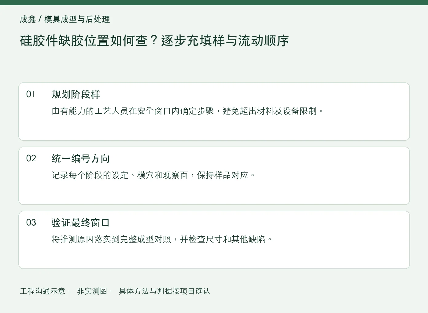 硅胶件缺胶位置如何查？逐步充填样与流动顺序：工程核对示意