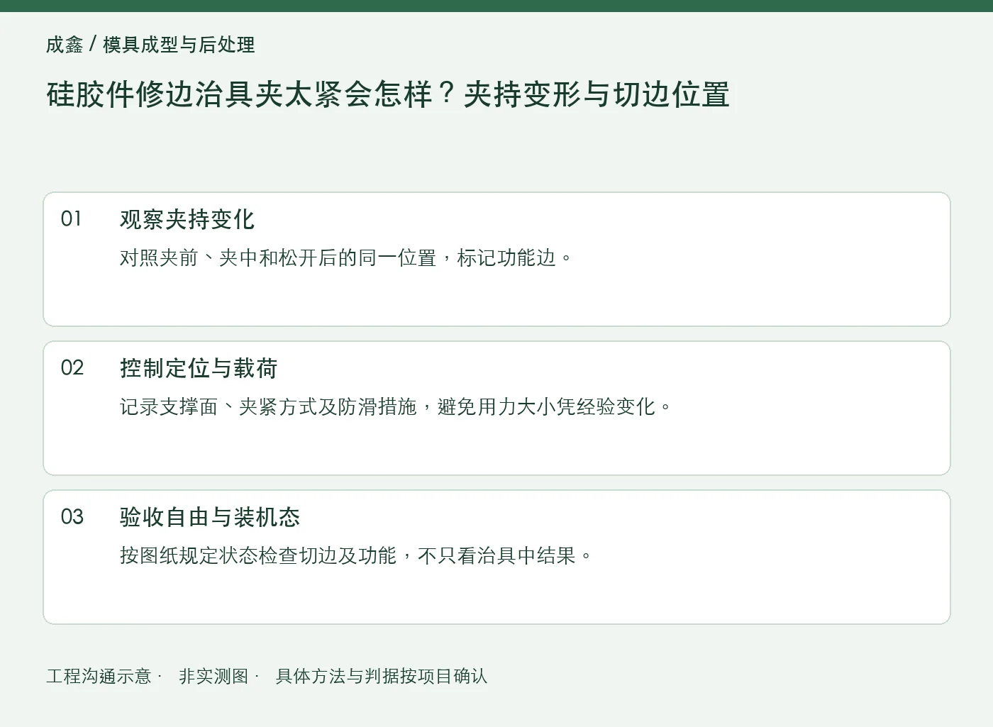 硅胶件修边治具夹太紧会怎样？夹持变形与切边位置：工程核对示意
