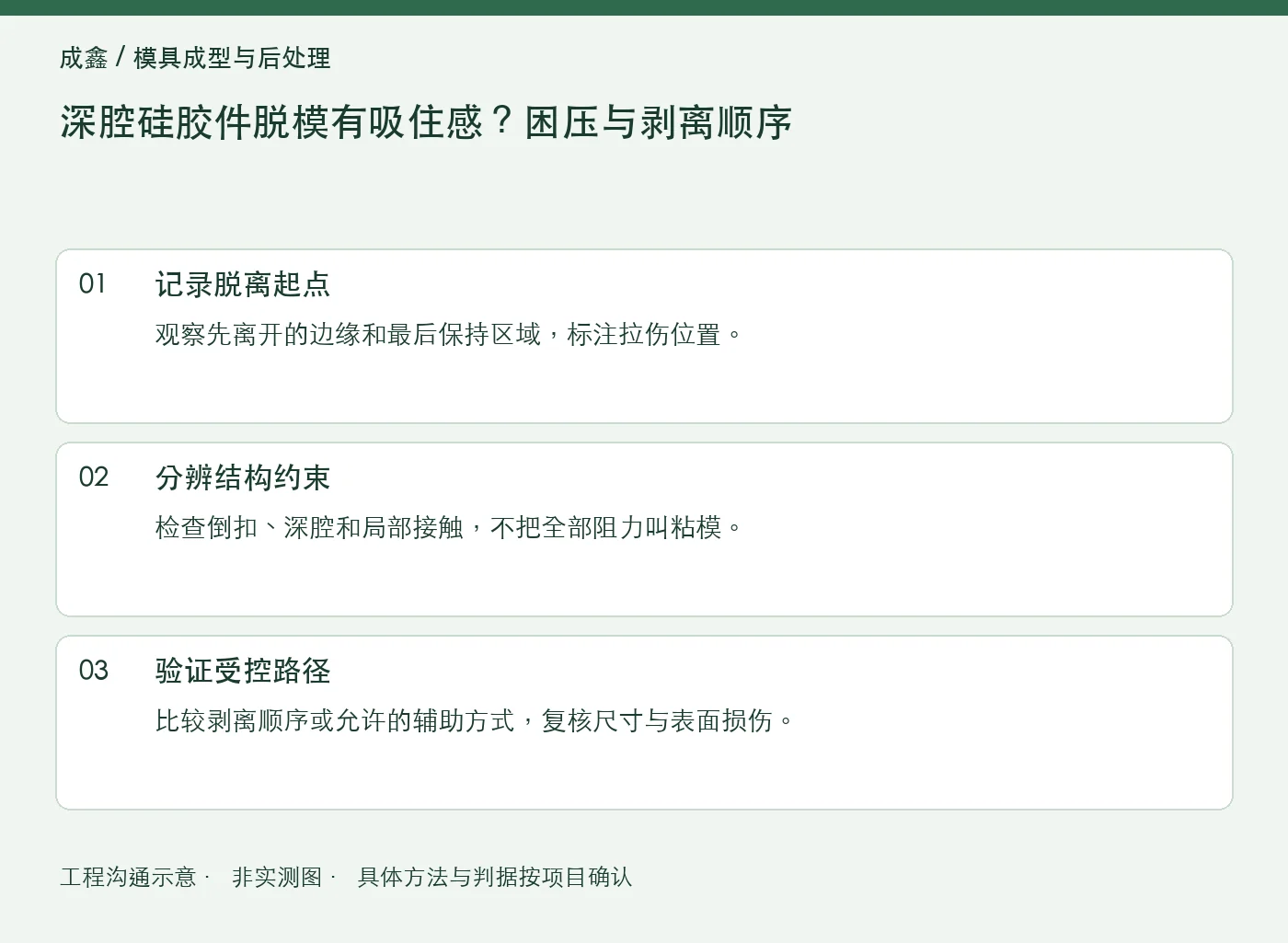 深腔硅胶件脱模有吸住感？困压与剥离顺序：工程核对示意