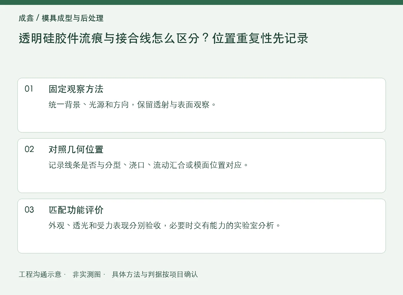 透明硅胶件流痕与接合线怎么区分？位置重复性先记录：工程核对示意