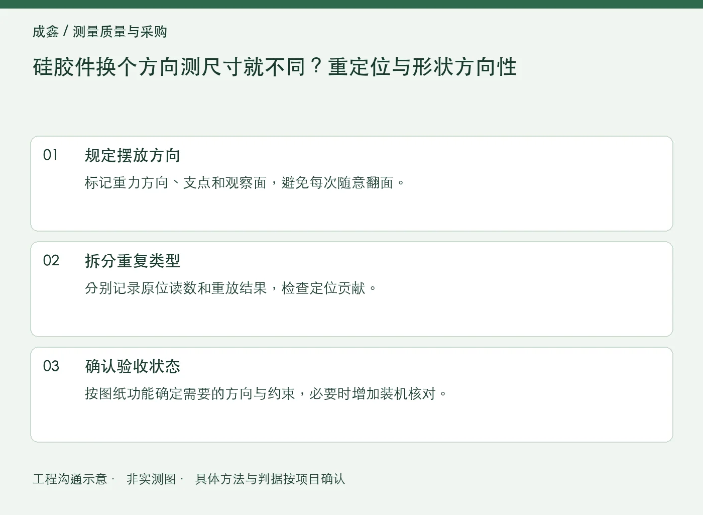 硅胶件换个方向测尺寸就不同？重定位与形状方向性：工程核对示意