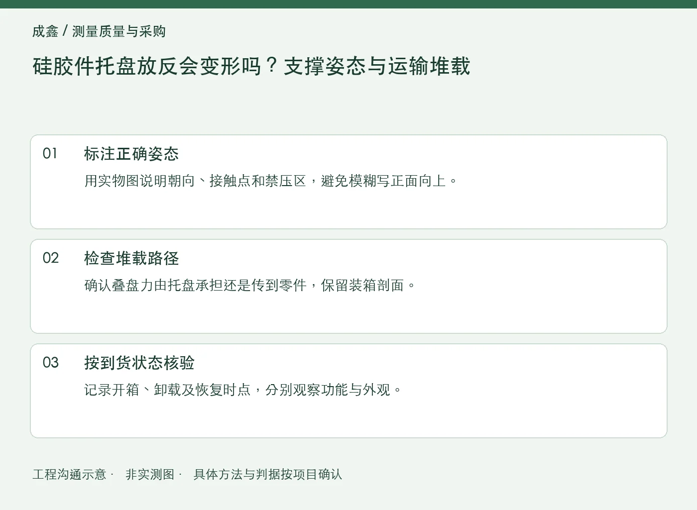 硅胶件托盘放反会变形吗？支撑姿态与运输堆载：工程核对示意