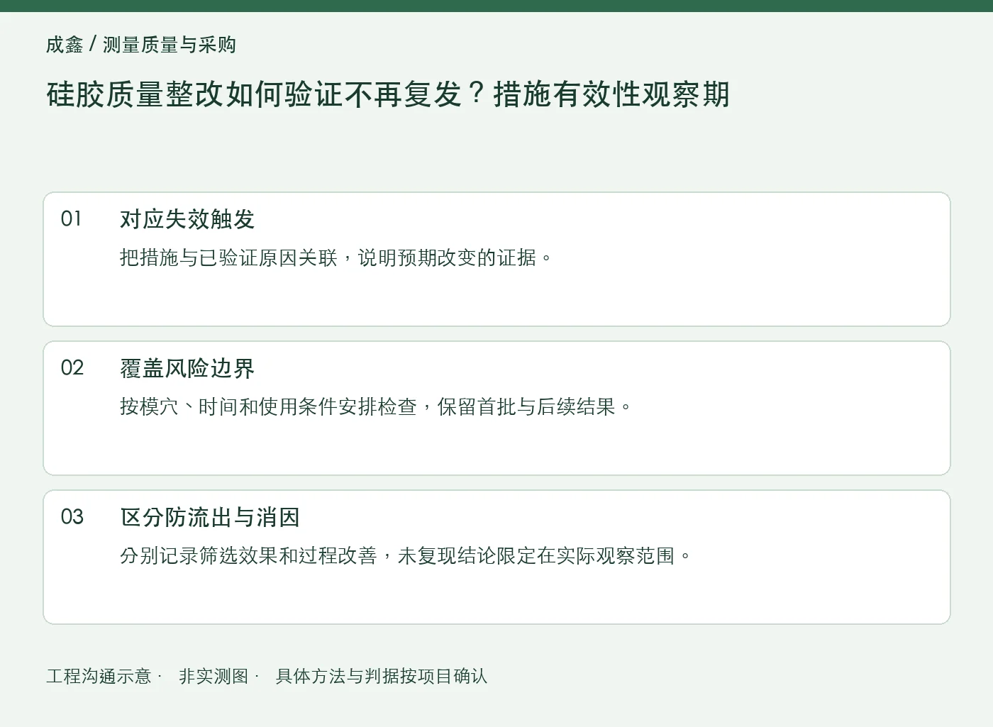 硅胶质量整改如何验证不再复发？措施有效性观察期：工程核对示意