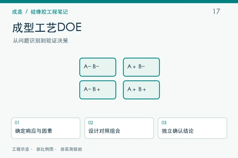 Esquema del diseño experimental (DOE) para el proceso de moldeo y flujo de trabajo de validación