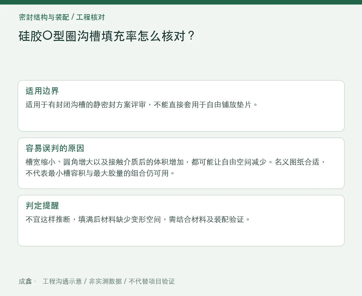 硅胶O型圈沟槽填充率怎么核对?给热膨胀和介质溶胀留出空间 适用边界与判定提醒图