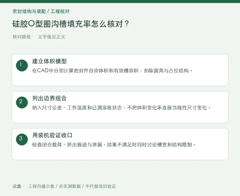硅胶O型圈沟槽填充率怎么核对？给热膨胀和介质溶胀留出空间：原创工程核对路径示意