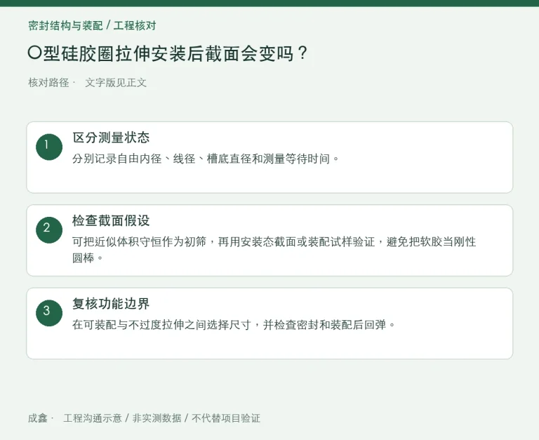 O型硅胶圈拉伸安装后截面会变吗？内径过盈与截面变化核对：原创工程核对路径示意