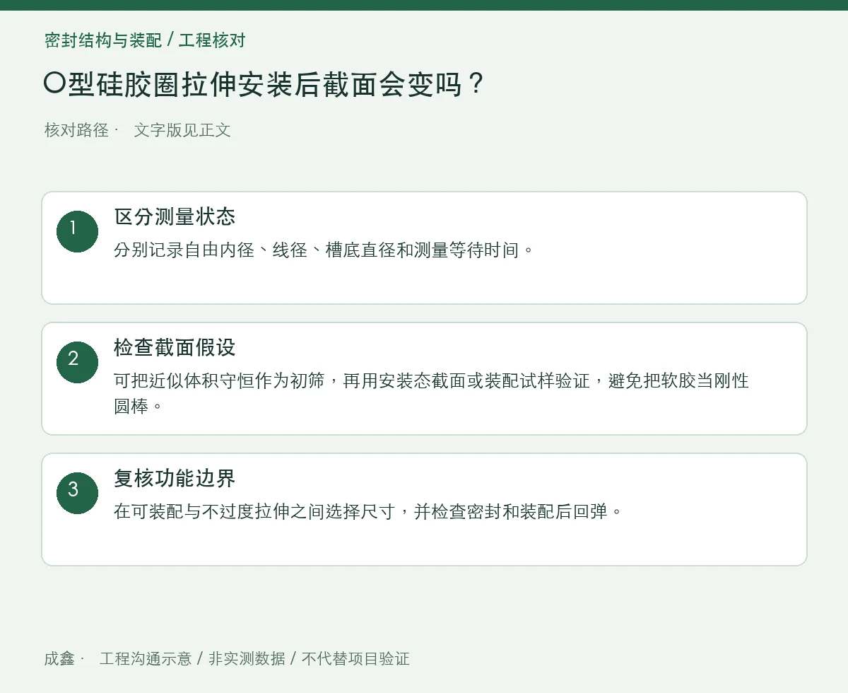 O型硅胶圈拉伸安装后截面会变吗?内径过盈与截面变化核对 三步核对图