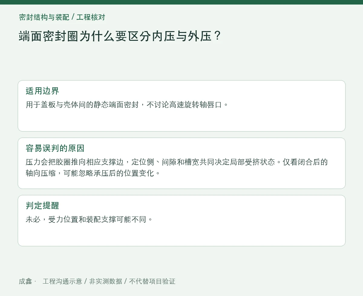 端面密封圈为什么要区分内压与外压？沟槽定位边界检查 适用边界与判定提醒图