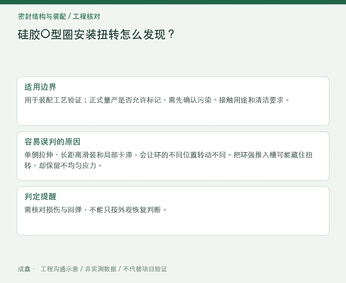 硅胶O型圈安装扭转怎么发现？见证标记与装配路径排查 适用边界与判定提醒图