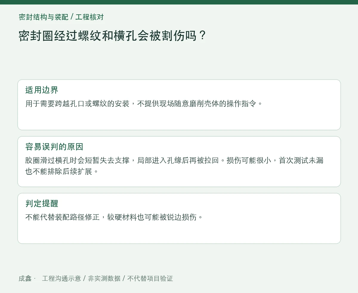密封圈经过螺纹和横孔会被割伤吗?导入护套怎么验证 适用边界与判定提醒图