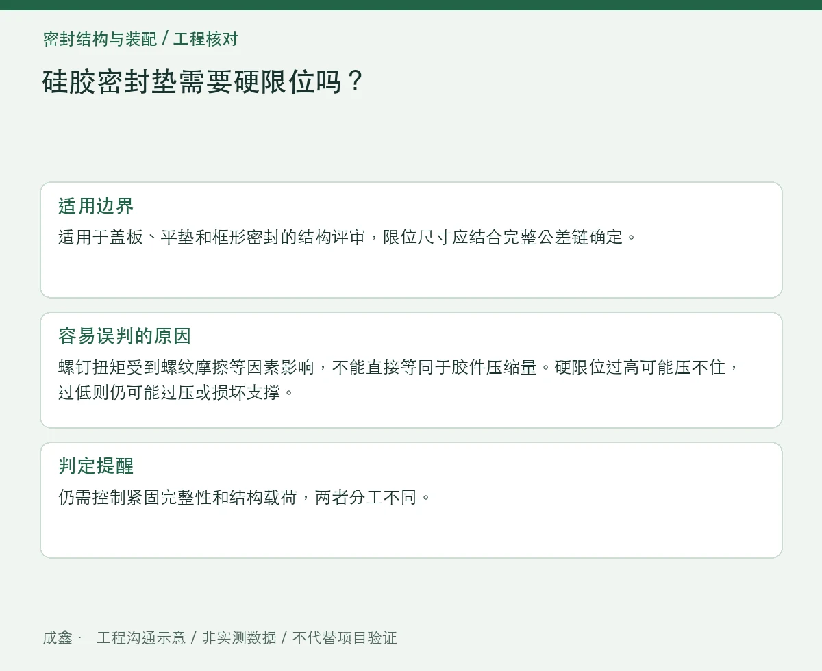 硅胶密封垫需要硬限位吗?把螺钉预紧与胶件压缩分开控制 适用边界与判定提醒图